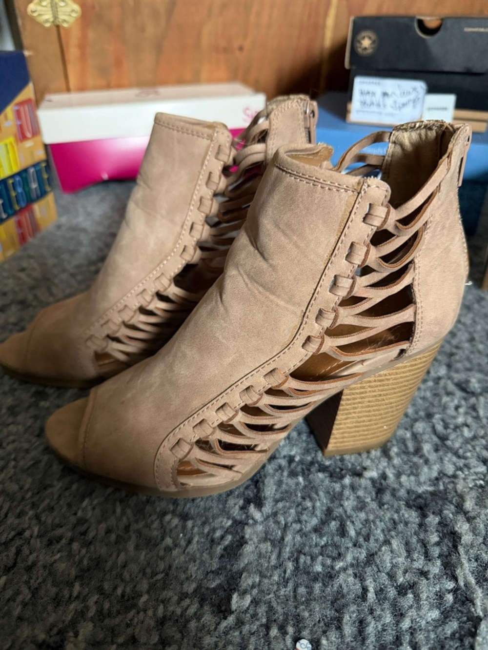 VIDA Taupe Strappy Peep-Toe Block Heel Sandal